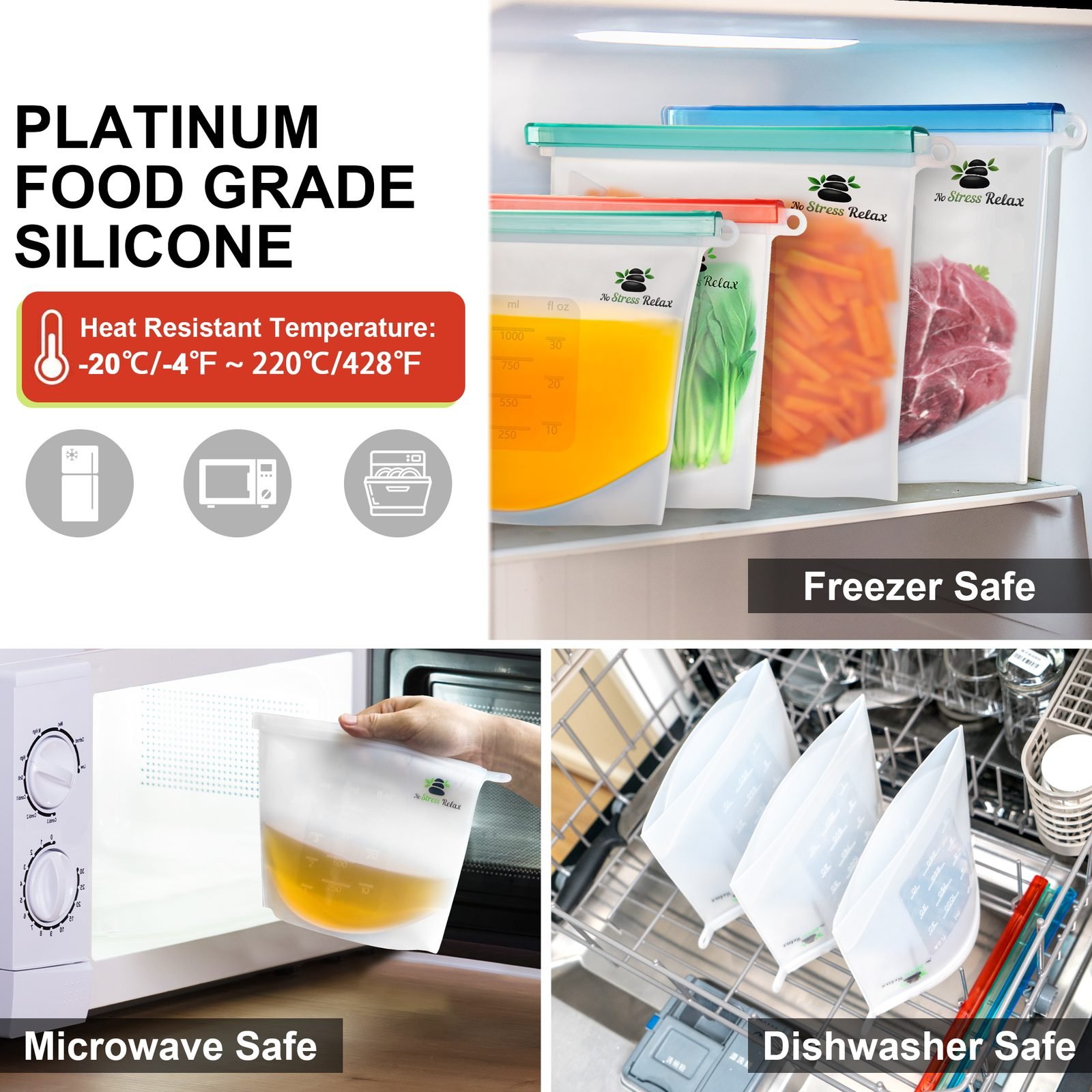 Platinum food-grade silicone bags: heat resistant -4F to 428F, freezer, microwave and dishwasher safe