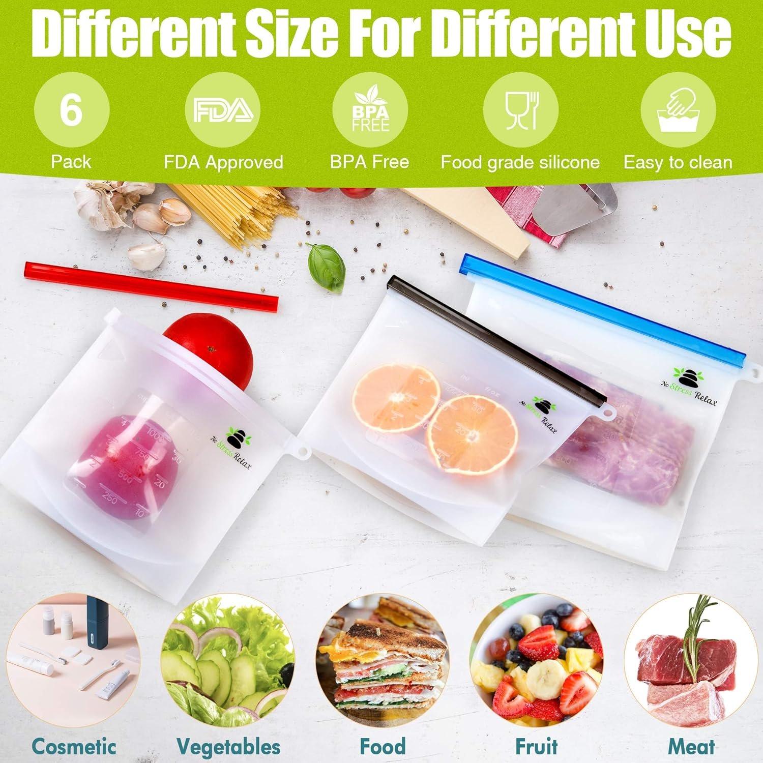 Multipurpose Usage - No Stress Relax Reusable Silicone Food Storage Bags