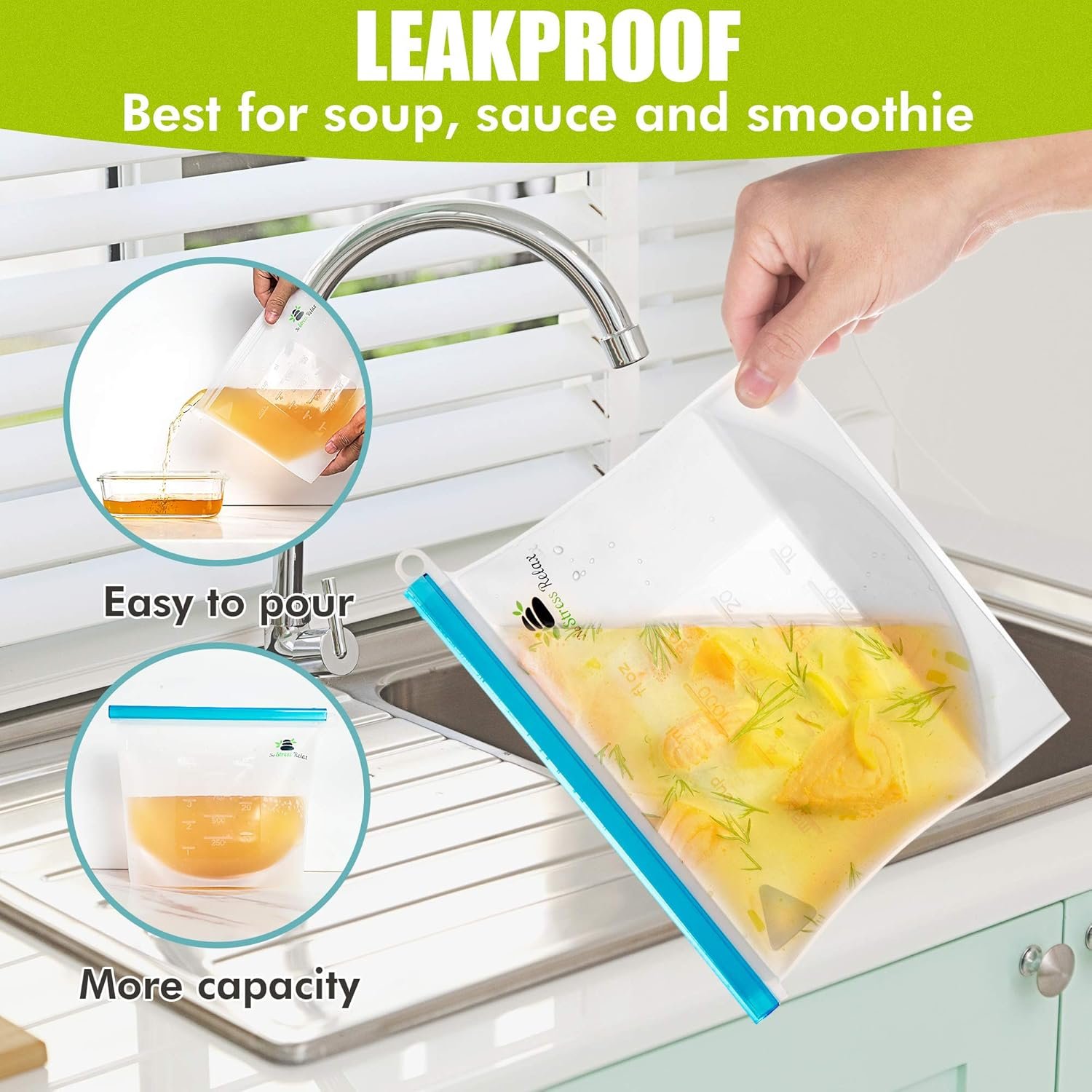 Leak Proof No Stress Relax Reusable Silicone Bags
