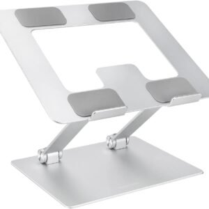 Amazon Basics Sturdy and Portable Ergonomic Laptop Stand for Desk, Height Adjustable Riser with Ventilated Cooling, Foldable, Fits all Laptops up to 15.6 Inch, Silver