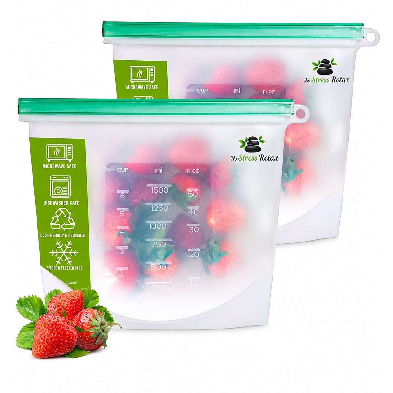 Pack of 2 Large No Stress Relax reusable silicone food storage bags