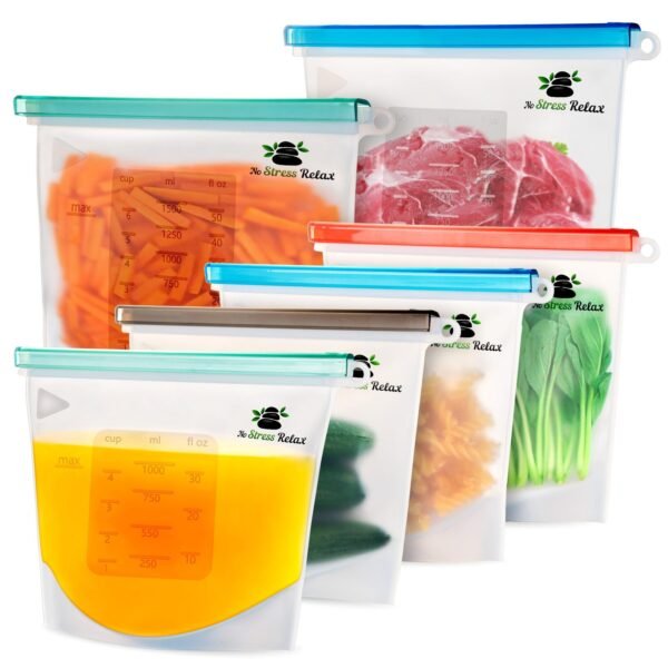 Pack of 6 No Stress Relax silicone storage bags: 2 Large and 4 Medium