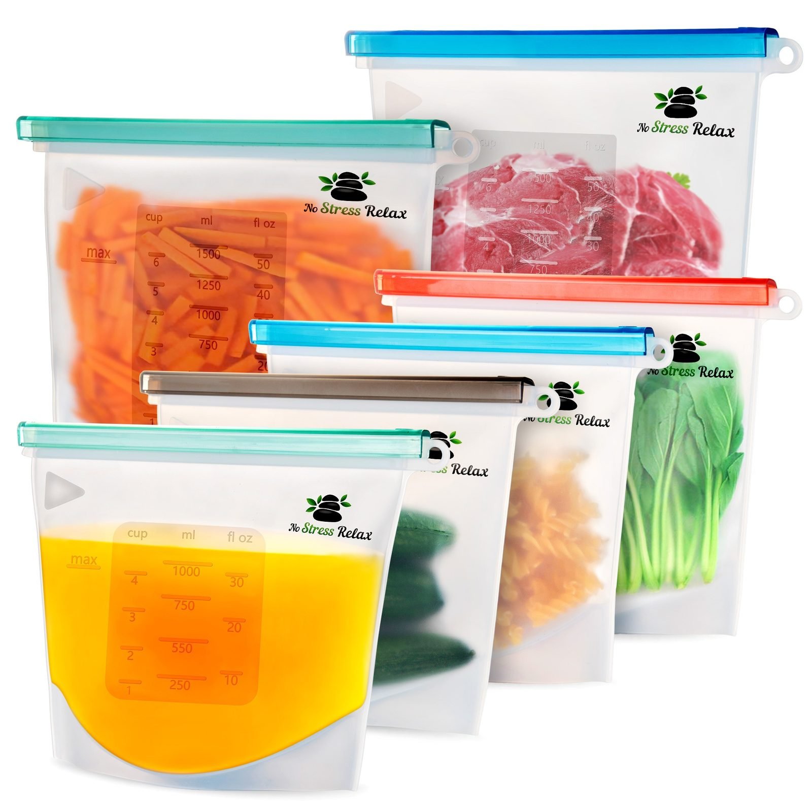 Pack of 6 No Stress Relax silicone storage bags: 2 Large and 4 Medium