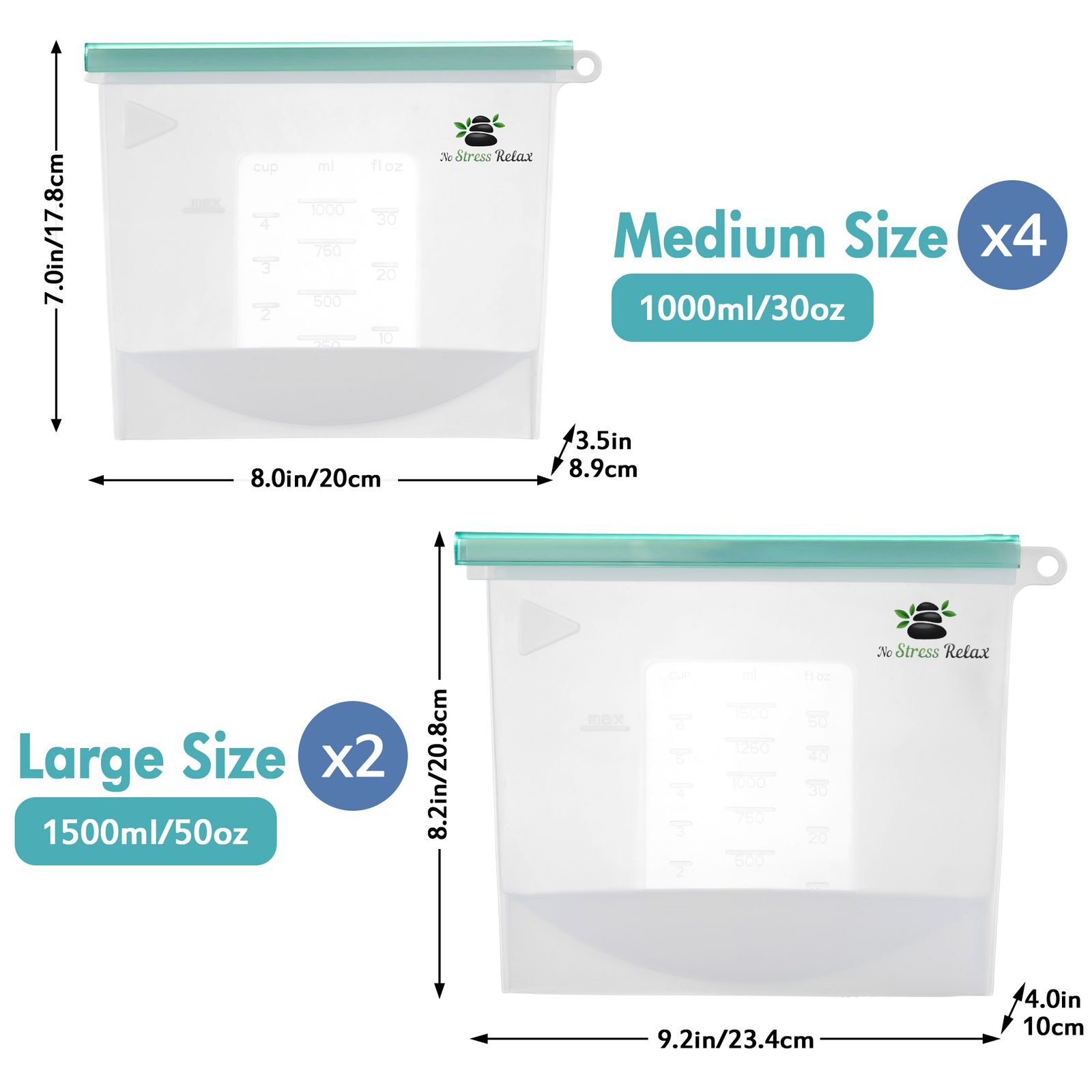 Size chart: Medium 1000 ml / 30 oz and Large 1500 ml / 50 oz